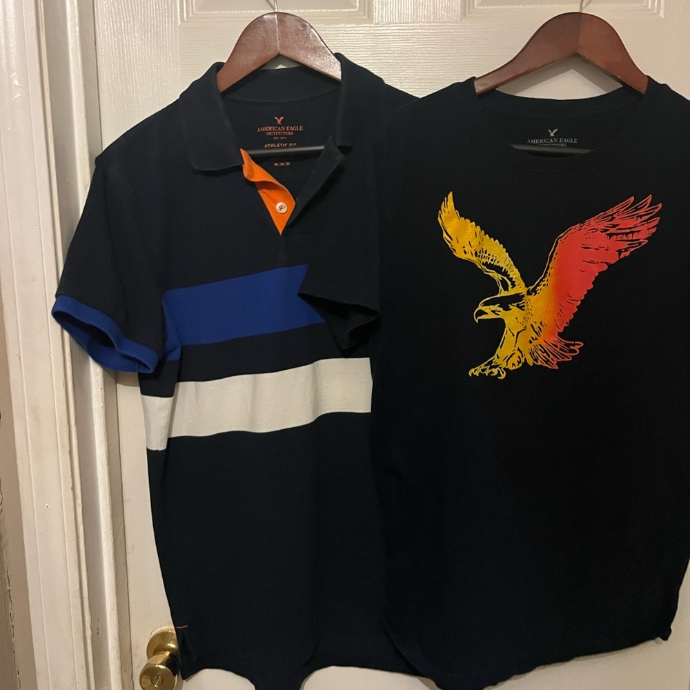 Vintage American Eagle Outfitters Black, Blue, and White Polo Shirt